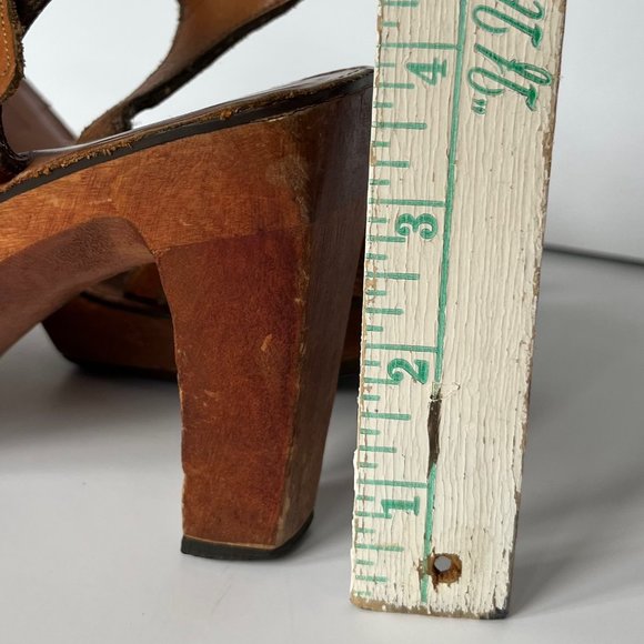 Vintage 70s Bear Traps Wooden & Leather Platform Heel Sandals Women's size 7.5 - Picture 4 of 15